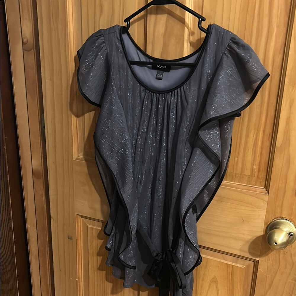 Iz Byer Silver Flutter Sleeve Blouse with Ruffled Tie Front